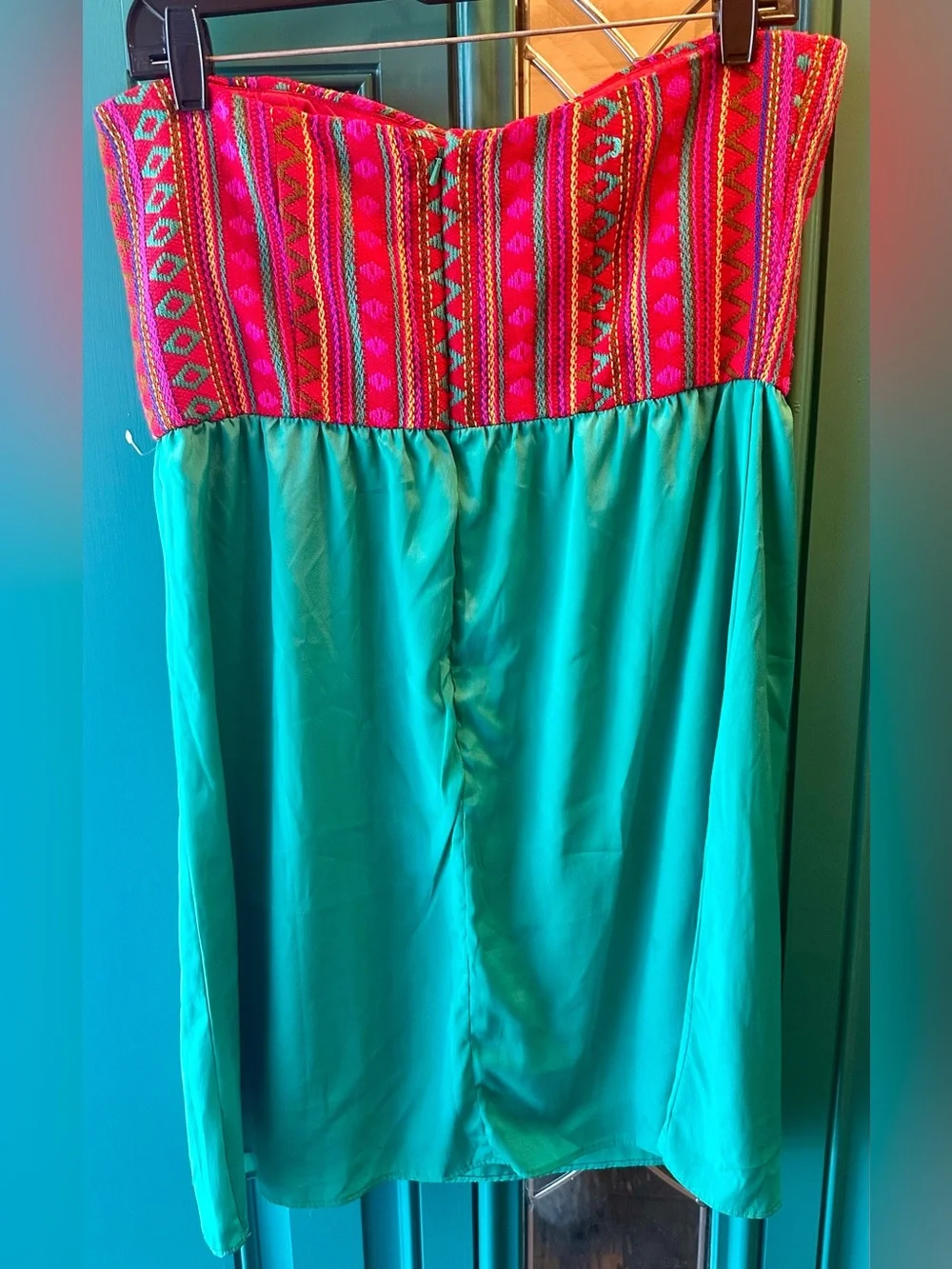 Judith March Strapless Embroidered Dress Southwestern Pink Turquoise Teal Mini L